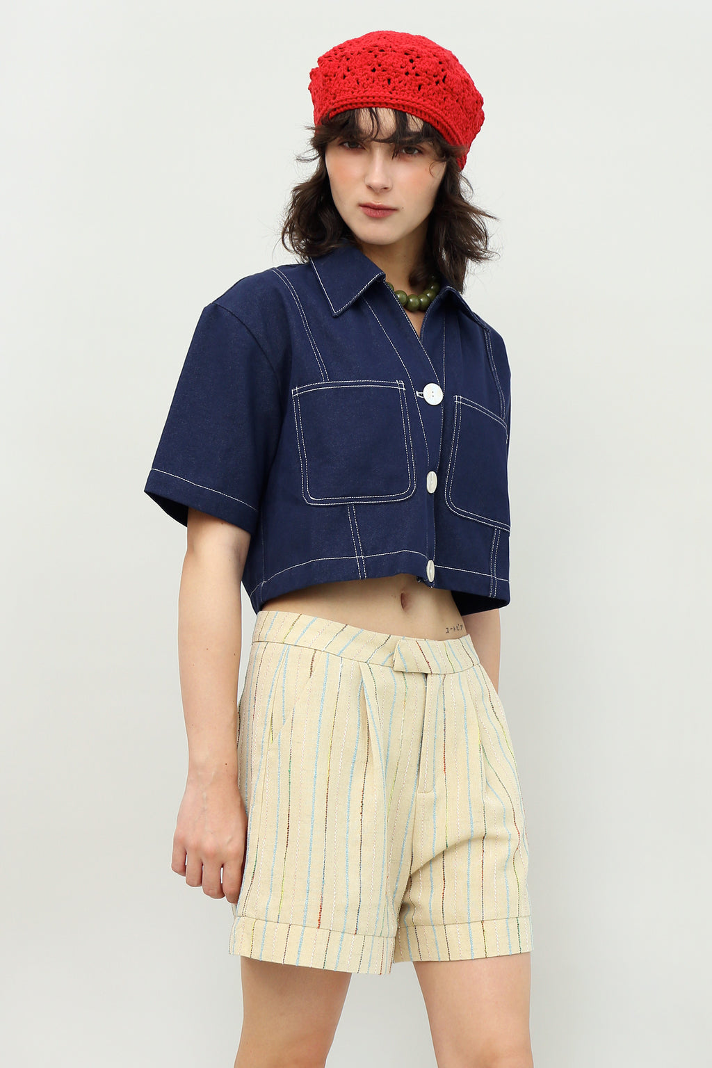 Nifty Folded Hem Shorts in Textured Stripes